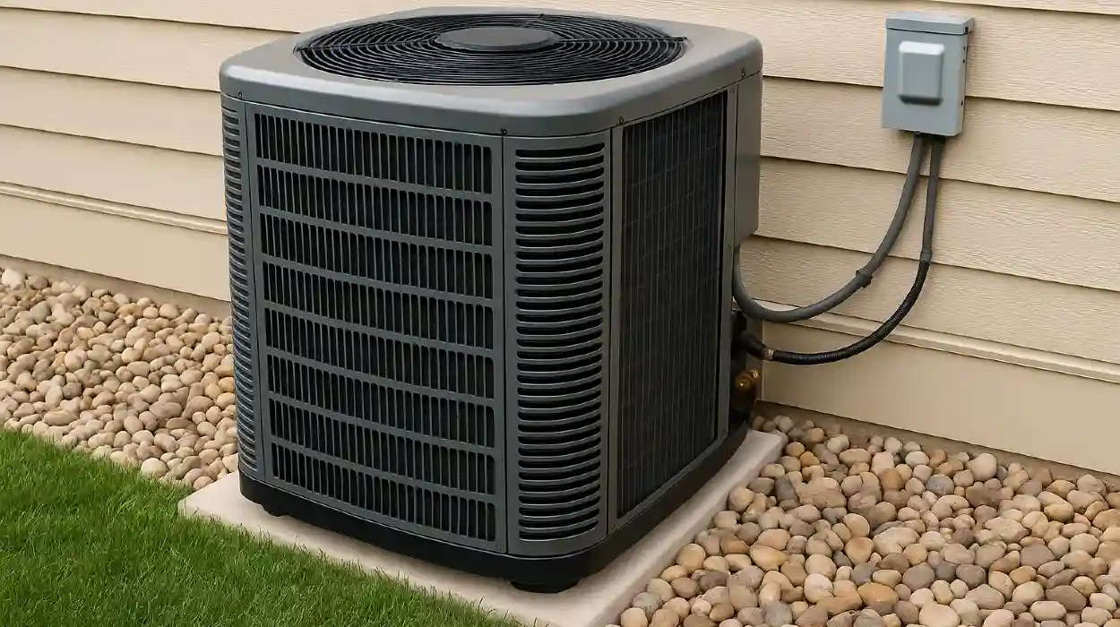 a brand new AC unit outside on a concrete slab from Leander Air Conditioning Repair in Leander, TX - 24 hour AC Repair Near Me