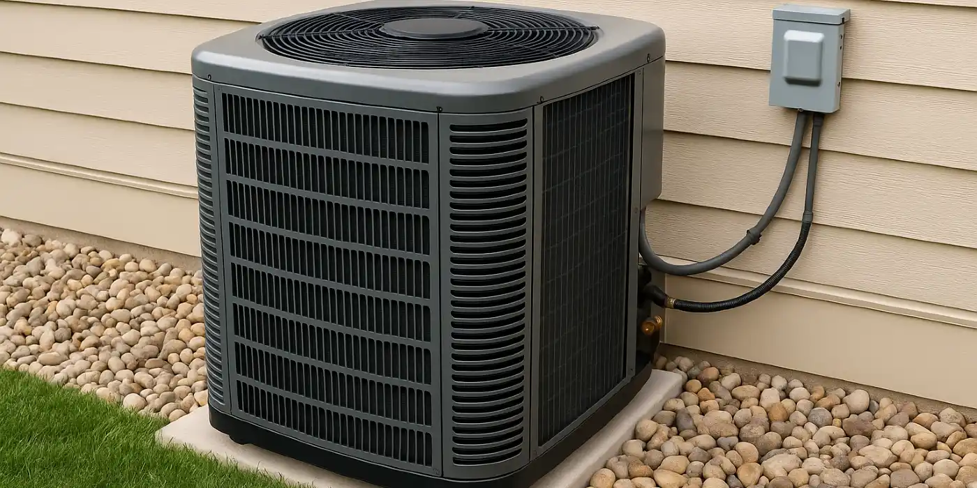 a brand new AC unit outside on a concrete slab from Leander Air Conditioning Repair in Leander, TX - 24 hour AC Repair Near Me