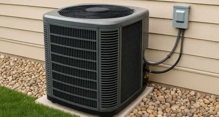 a brand new AC unit outside on a concrete slab from Leander Air Conditioning Repair in Leander, TX - 24 hour AC Repair Near Me