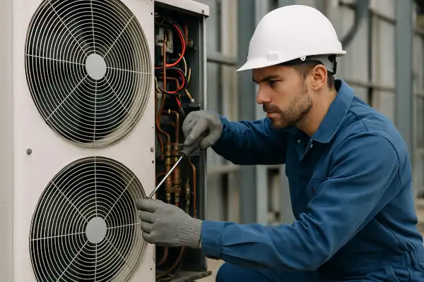 a male hvac technician using a scredriver to open an AC unit from Leander Air Conditioning Repair in Leander, TX - 24 hour AC Repair Near Me