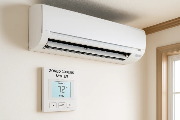 a mini split AC unit mounted on a wall and the thermostat below it from Leander Air Conditioning Repair in Leander, TX - 24 hour AC Repair Near Me