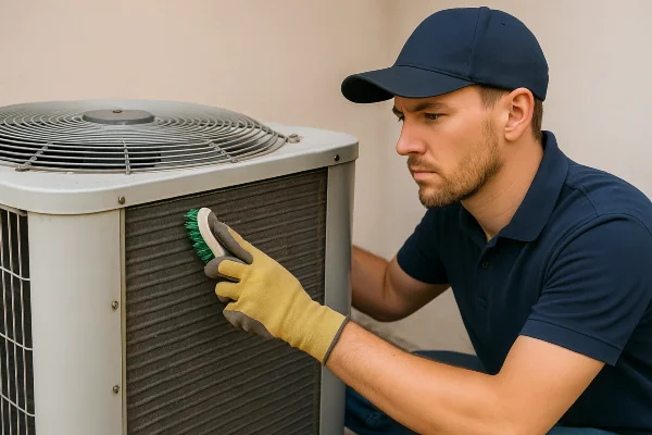 a male hvac technician cleaning the coils of an old AC unit from Leander Air Conditioning Repair in Leander, TX - 24 hour AC Repair Near Me