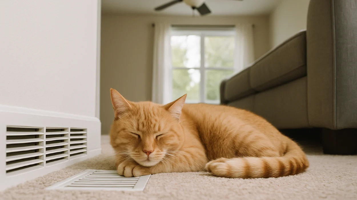 an orange cat laying on the carpet next to an AC vent from Leander Air Conditioning Repair in Leander, TX - 24 hour AC Service
