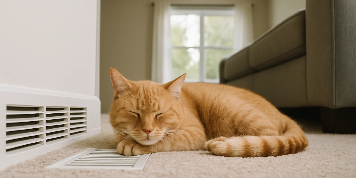 an orange cat laying on the carpet next to an AC vent from Leander Air Conditioning Repair in Leander, TX - 24 hour AC Service