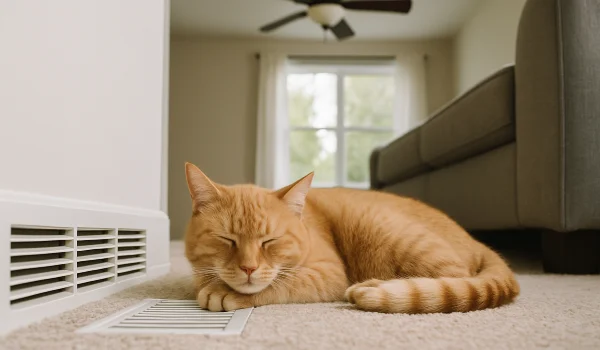 an orange cat laying on the carpet next to an AC vent from Leander Air Conditioning Repair in Leander, TX - 24 hour AC Service