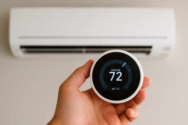 a hand holding a thermostat showing 72 degree cooling from Leander Air Conditioning Repair in Leander, TX - 24 hour AC Service
