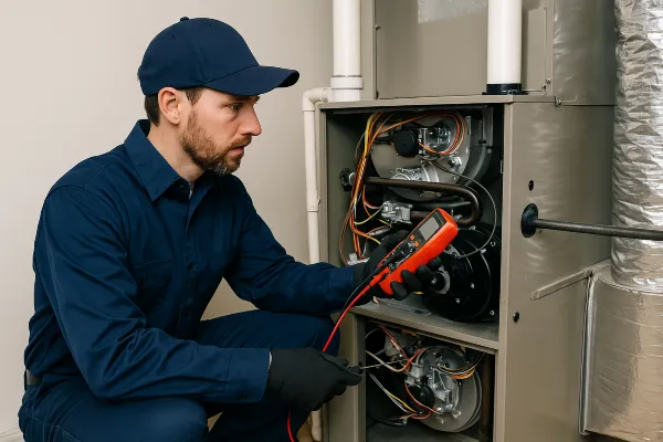 a male hvac technician using a current meter on a furnace unit from Leander Air Conditioning Repair in Leander, TX - 24 hour AC Service