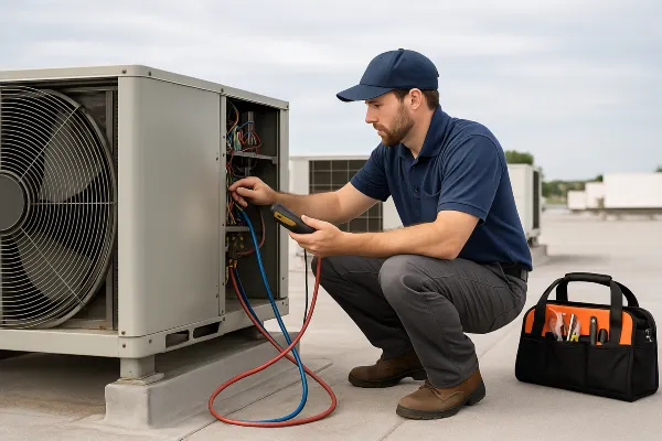 a male hvac technician on the roof checking an AC unit from Leander Air Conditioning Repair in Leander, TX - 24 hour AC Service