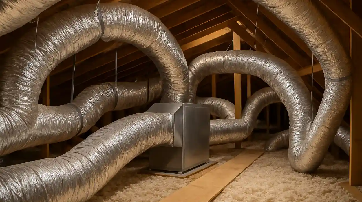 traditional AC ducts installed in the attic of a house from Leander Air Conditioning Repair in Leander, TX - AC Company Near Me