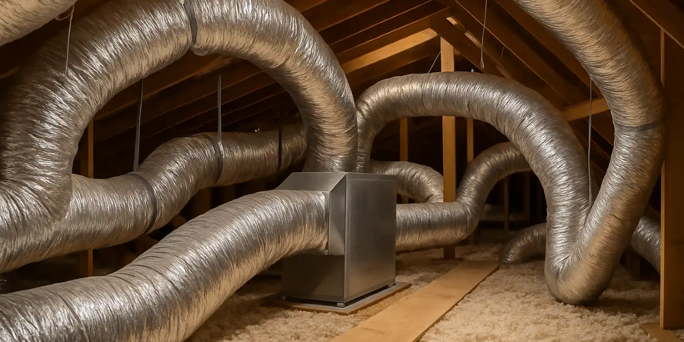 traditional AC ducts installed in the attic of a house from Leander Air Conditioning Repair in Leander, TX - AC Company Near Me