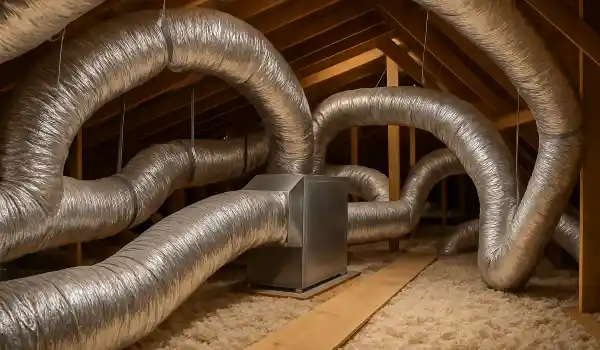 traditional AC ducts installed in the attic of a house from Leander Air Conditioning Repair in Leander, TX - AC Company Near Me