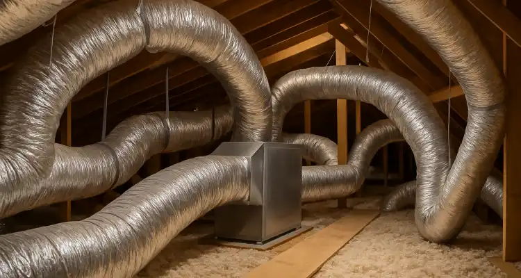 traditional AC ducts installed in the attic of a house from Leander Air Conditioning Repair in Leander, TX - AC Company Near Me