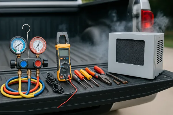 AC tools on the tailgate of a truck from Leander Air Conditioning Repair in Leander, TX - AC Company Near Me