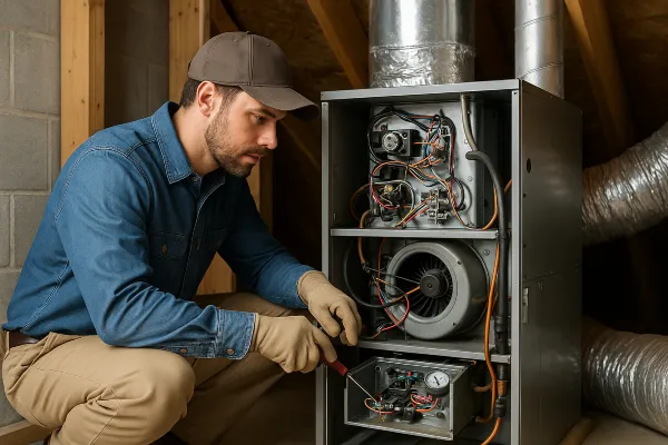 an hvac technician with a screwdriver checking the wiring of a furnace from Leander Air Conditioning Repair in Leander, TX - AC Company Near Me