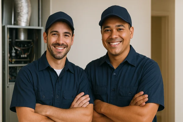2 hvac technician smiling at the camera from Leander Air Conditioning Repair in Leander, TX - AC Company Near Me