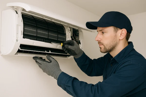 an hvac technician fixing a mini split AC unit from Leander Air Conditioning Repair in Leander, TX - AC Company Near Me