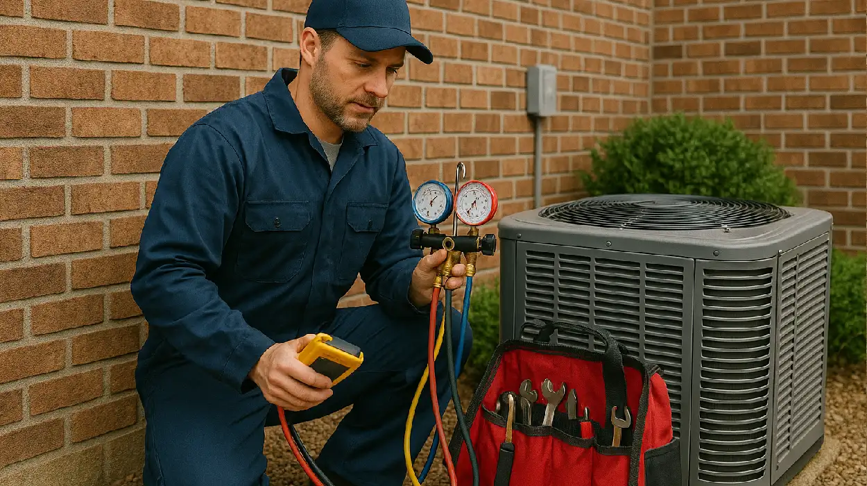 an hvac technician with his tools checking an outside ac unite from Leander Air Conditioning Repair in Leander, TX - AC Technician Near Me