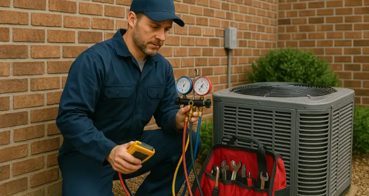 an hvac technician with his tools checking an outside ac unite from Leander Air Conditioning Repair in Leander, TX - AC Technician Near Me