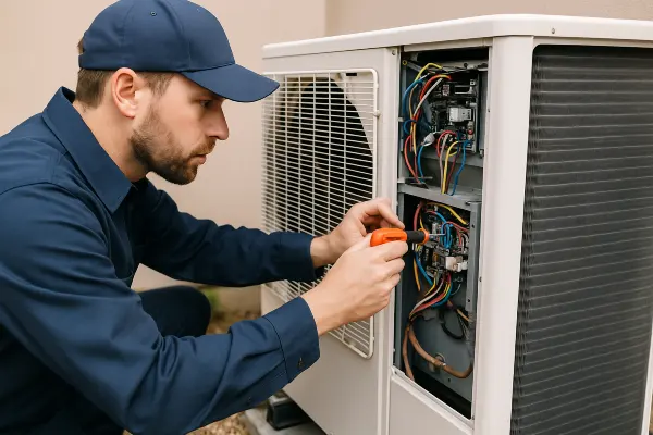 an hvac technician using a scredriver to check the wires of an ac unite from Leander Air Conditioning Repair in Leander, TX - AC Technician Near Me