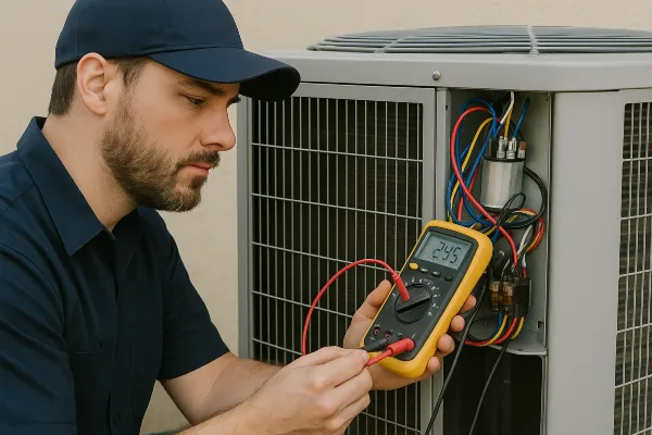 an hvac technician using a ac current meter from Leander Air Conditioning Repair in Leander, TX - AC Technician Near Me