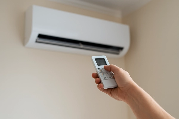 the hand of a person using an AC control remote to adjust the temperature from Leander Air Conditioning Repair in Leander, TX - AC Technician Near Me