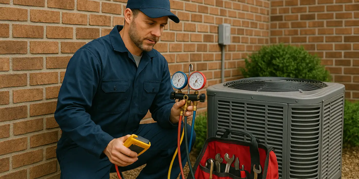 an hvac technician with his tools checking an outside ac unite from Leander Air Conditioning Repair in Liberty Hills, TX - liberty-hills-tx