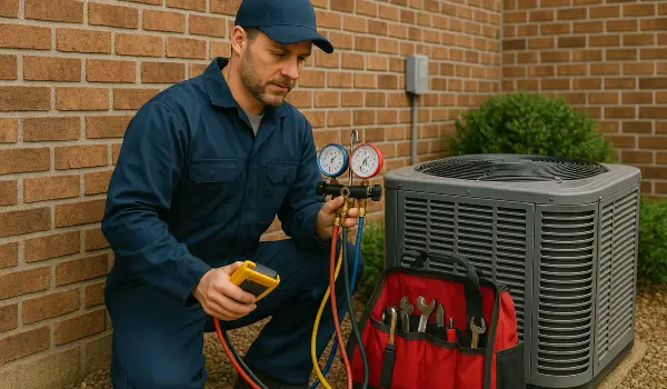 an hvac technician with his tools checking an outside ac unite from Leander Air Conditioning Repair in Liberty Hills, TX - liberty-hills-tx