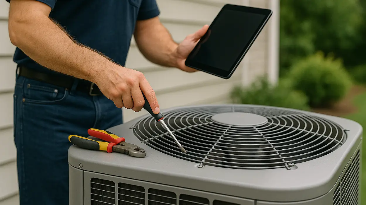 2 hvac technicians replacing a filter of an outside ac unit from Leander Air Conditioning Repair in Leander, TX - Air Conditioner Maintenance Near Me