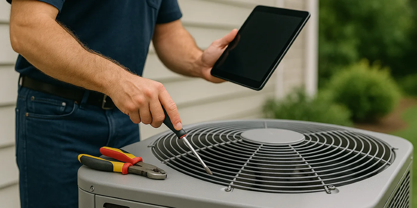 2 hvac technicians replacing a filter of an outside ac unit from Leander Air Conditioning Repair in Leander, TX - Air Conditioner Maintenance Near Me
