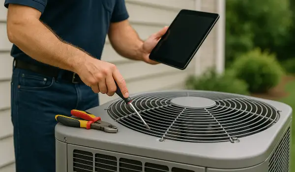 2 hvac technicians replacing a filter of an outside ac unit from Leander Air Conditioning Repair in Leander, TX - Air Conditioner Maintenance Near Me