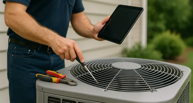 2 hvac technicians replacing a filter of an outside ac unit from Leander Air Conditioning Repair in Leander, TX - Air Conditioner Maintenance Near Me