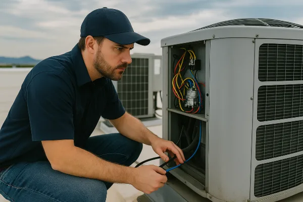 a male hvac technician checking a commercial ac unit on the roof of the building from Leander Air Conditioning Repair in Leander, TX - Air Conditioner Maintenance Near Me