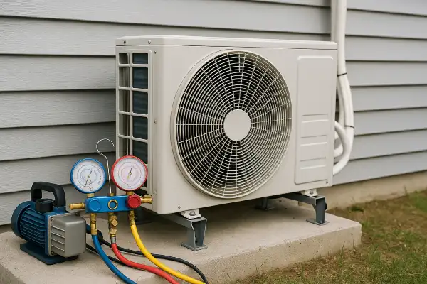 an ac unit outside with an ac manifold gauge next to it from Leander Air Conditioning Repair in Leander, TX - Air Conditioner Maintenance Near Me