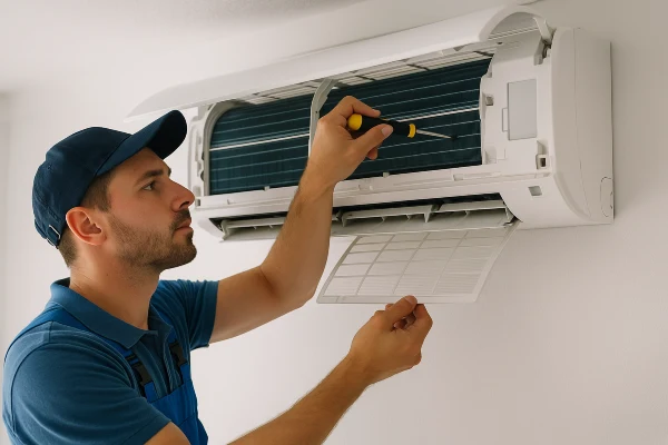 an hvac technician checking a mini split ac from Leander Air Conditioning Repair in Leander, TX - Air Conditioner Maintenance Near Me