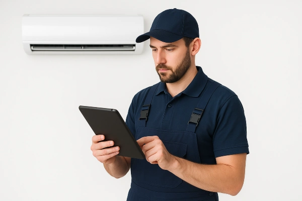 an hvac technician with an ipad filling out a report from Leander Air Conditioning Repair in Leander, TX - Air Conditioner Maintenance Near Me