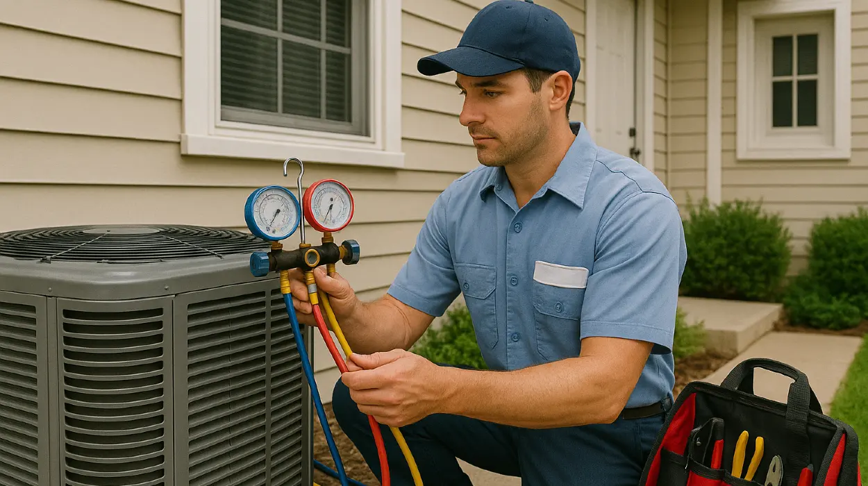 an hvac technician in uniform using the manifold gauge to test an ac unit from Leander Air Conditioning Repair in Leander, TX - Air Conditioning Company Near Me