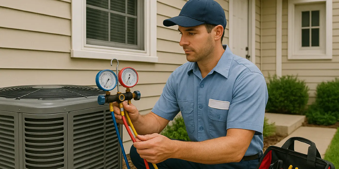 an hvac technician in uniform using the manifold gauge to test an ac unit from Leander Air Conditioning Repair in Leander, TX - Air Conditioning Company Near Me