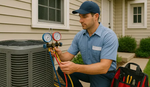 an hvac technician in uniform using the manifold gauge to test an ac unit from Leander Air Conditioning Repair in Leander, TX - Air Conditioning Company Near Me
