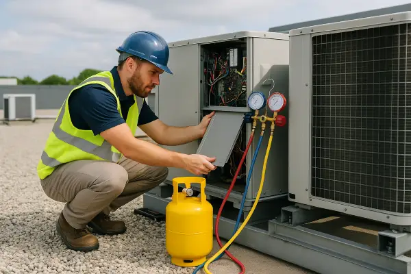 an hvac technician using a small freon tank to refill an ac unit from Leander Air Conditioning Repair in Leander, TX - Air Conditioning Company Near Me
