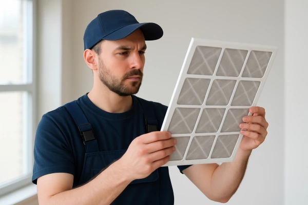 an hvac technician holding and checking an ac filter from Leander Air Conditioning Repair in Leander, TX - Air Conditioning Company Near Me