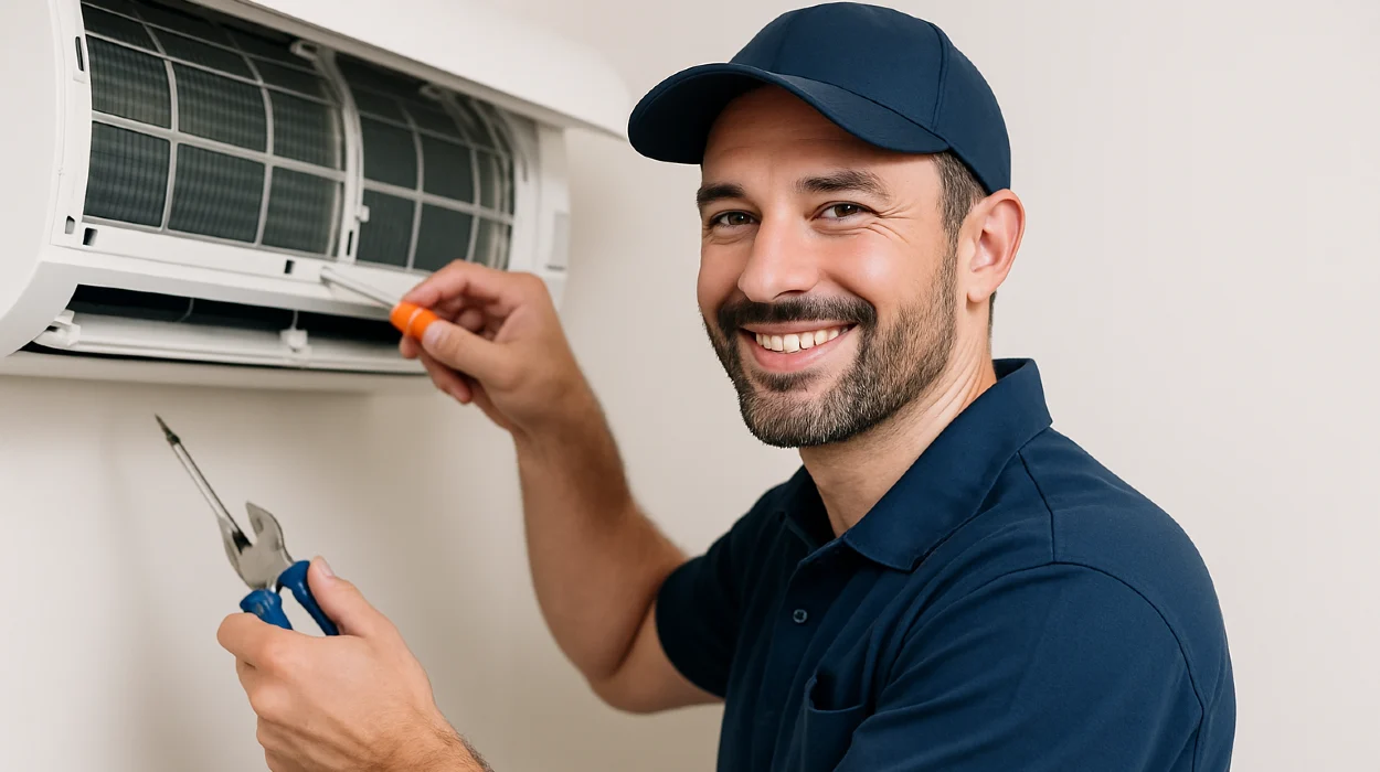 a male hvac techinican using a screwdriver to open a mini split unit and smiling at the camera from Leander Air Conditioning Repair in Leander, TX - Air Conditioning Service Near Me