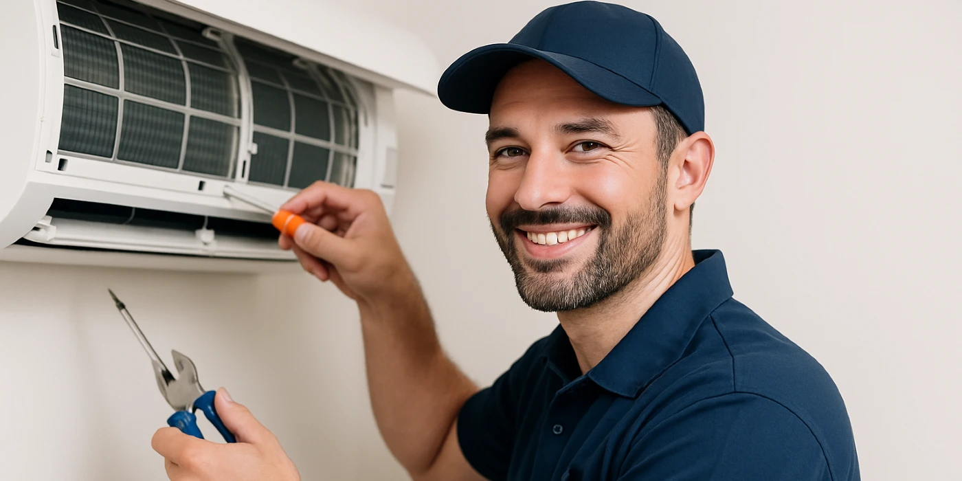 a male hvac techinican using a screwdriver to open a mini split unit and smiling at the camera from Leander Air Conditioning Repair in Leander, TX - Air Conditioning Service Near Me