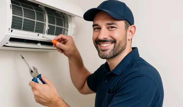 a male hvac techinican using a screwdriver to open a mini split unit and smiling at the camera from Leander Air Conditioning Repair in Leander, TX - Air Conditioning Service Near Me