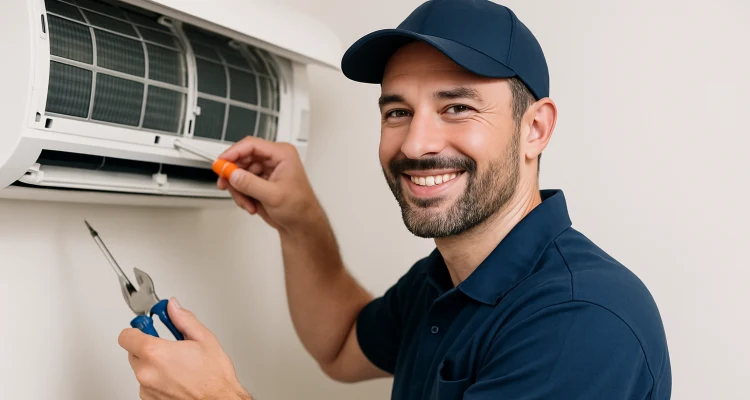 a male hvac techinican using a screwdriver to open a mini split unit and smiling at the camera from Leander Air Conditioning Repair in Leander, TX - Air Conditioning Service Near Me