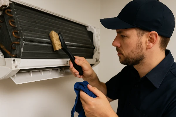 an hvac technician cleaning the coils of an AC unit from Leander Air Conditioning Repair in Leander, TX - Air Conditioning Service Near Me