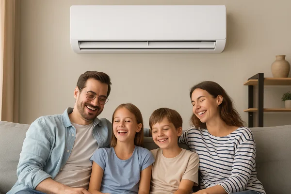 a family on a couch enjoying the cool air coming from a mini split AC unit from Leander Air Conditioning Repair in Leander, TX - Air Conditioning Service Near Me