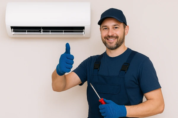 a male hvac technician smiling and giving a thumbs-up at the camera from Leander Air Conditioning Repair in Leander, TX - Commercial HVAC Company Near Me