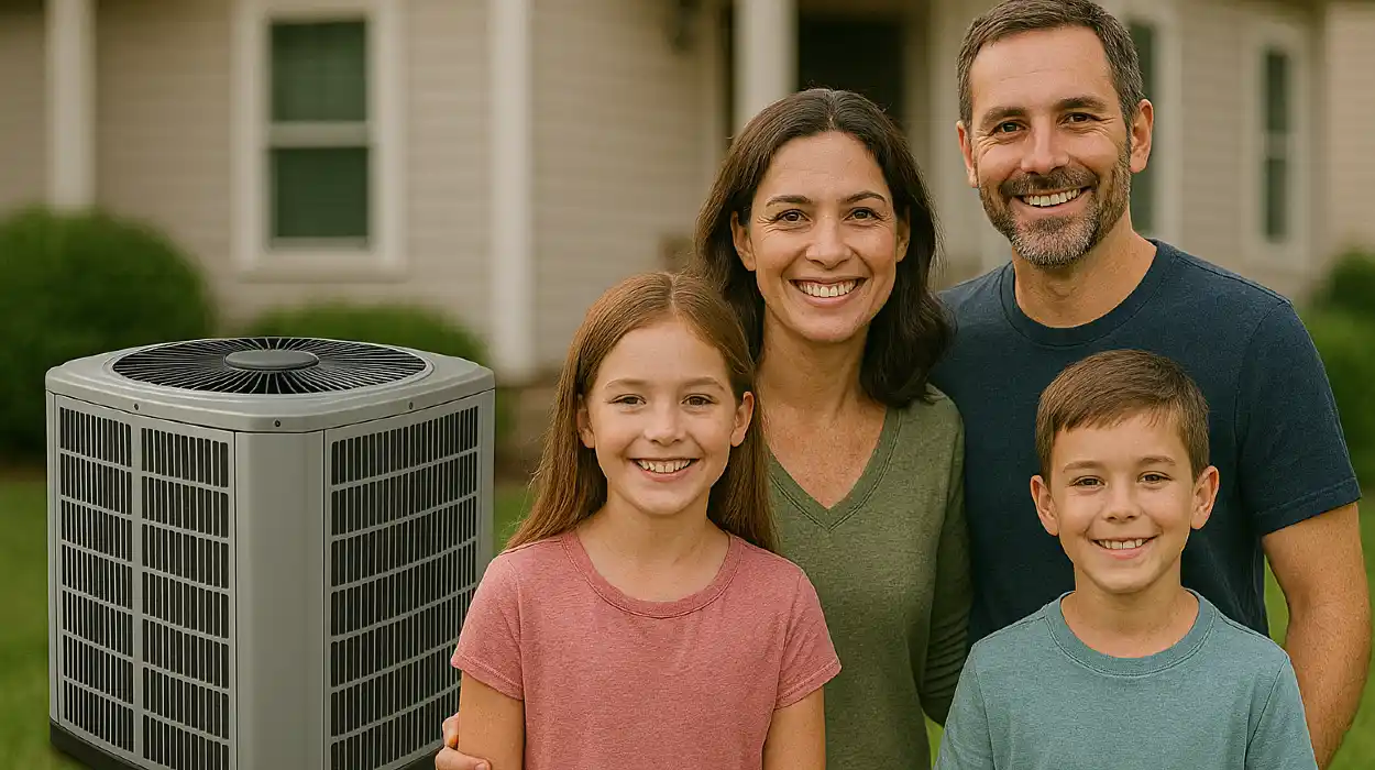 a family outside the house smiling at the camera with a new AC unit next to them from Leander Air Conditioning Repair in Leander, TX - Emergency AC Repair Near Me