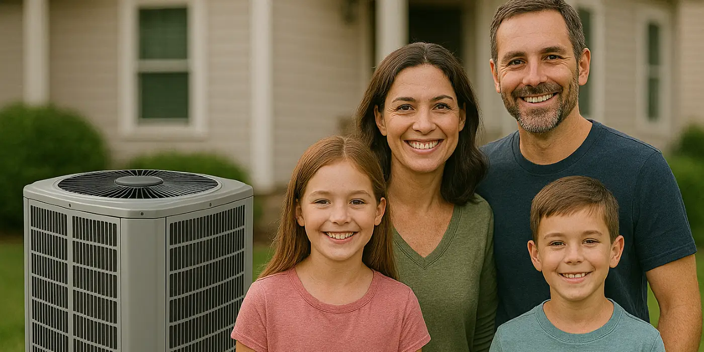 a family outside the house smiling at the camera with a new AC unit next to them from Leander Air Conditioning Repair in Leander, TX - Emergency AC Repair Near Me