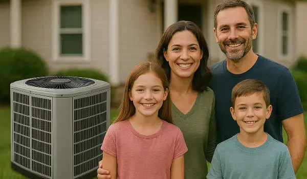 a family outside the house smiling at the camera with a new AC unit next to them from Leander Air Conditioning Repair in Leander, TX - Emergency AC Repair Near Me